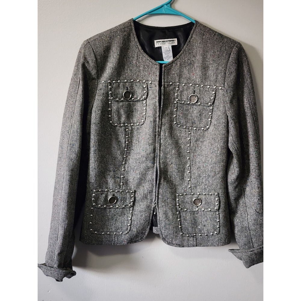 Mishca Gray Tweed Studded Zip Front Jacket Collarless Multi Pocket Blazer Sz M